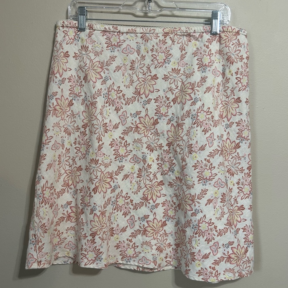 J Jill Women's Taupe and Orange Floral 100% Linen Skirt Lace Trim Vintage‎ Large